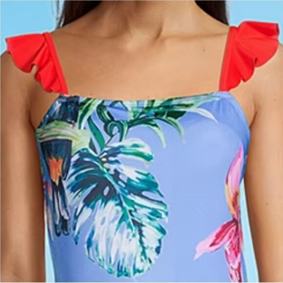 Outdoor Oasis Women's One Piece Swimsuit Size 1X Blue Tropical Toucan - Picture 3 of 14